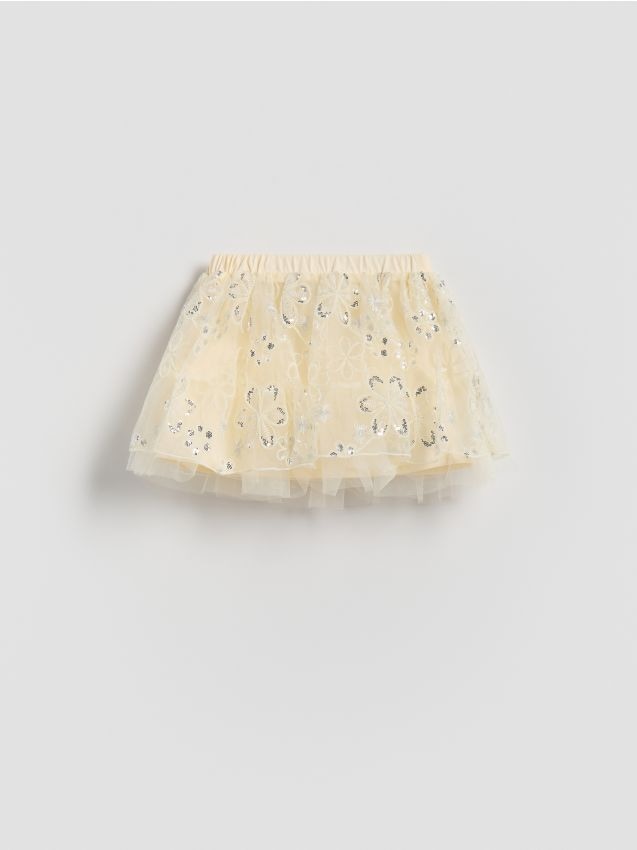 Reserved - Tiulowa spódnica z cekinami - kremowy