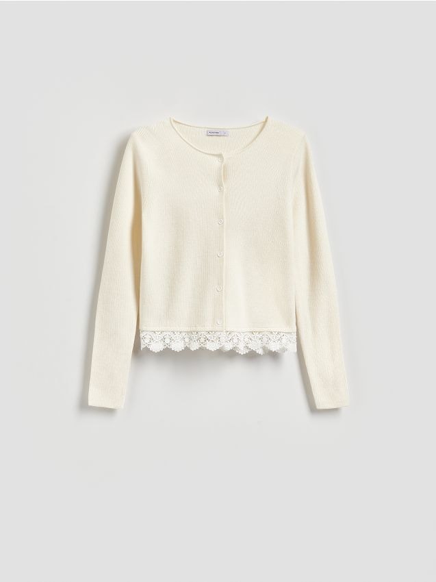 Reserved - Kardigan z koronką - kremowy