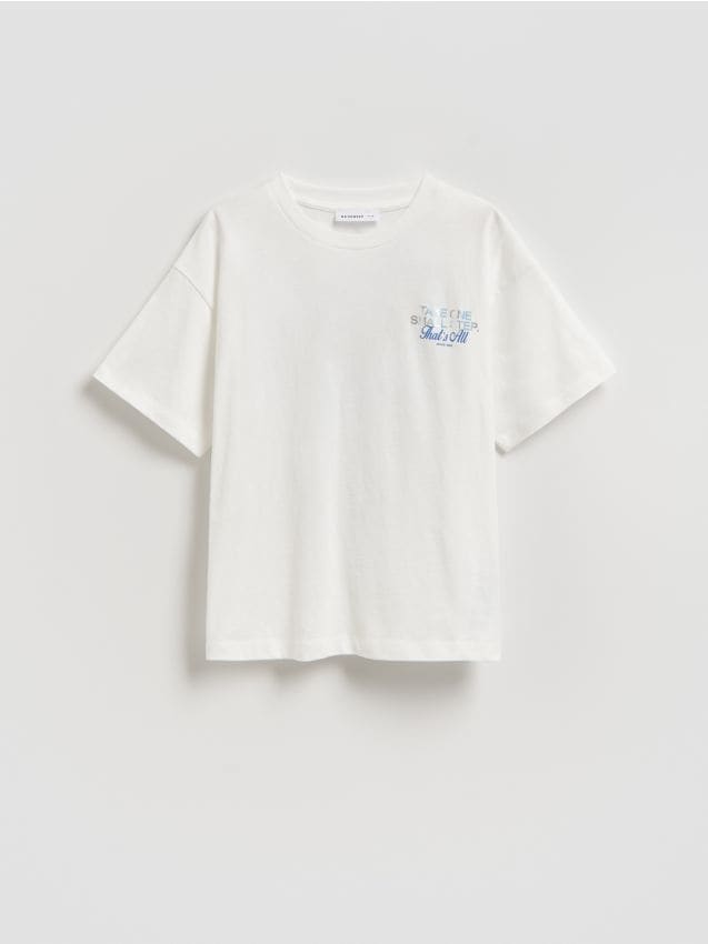 Reserved - T-shirt z nadrukiem na plecach - złamana biel