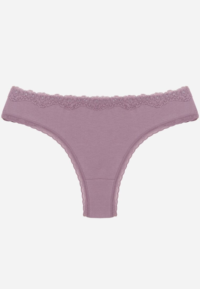 Fioletowe Majtki z Bawełną Typu Stringi Ozdobione Koronką Cirilise