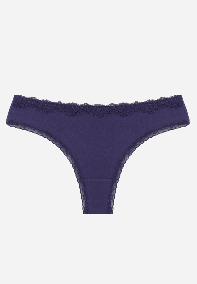 Granatowe Majtki z Bawełną Typu Stringi Ozdobione Koronką Cirilise