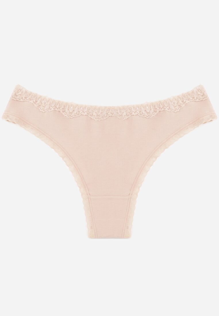 Beżowe Majtki z Bawełną Typu Stringi Ozdobione Koronką Cirilise