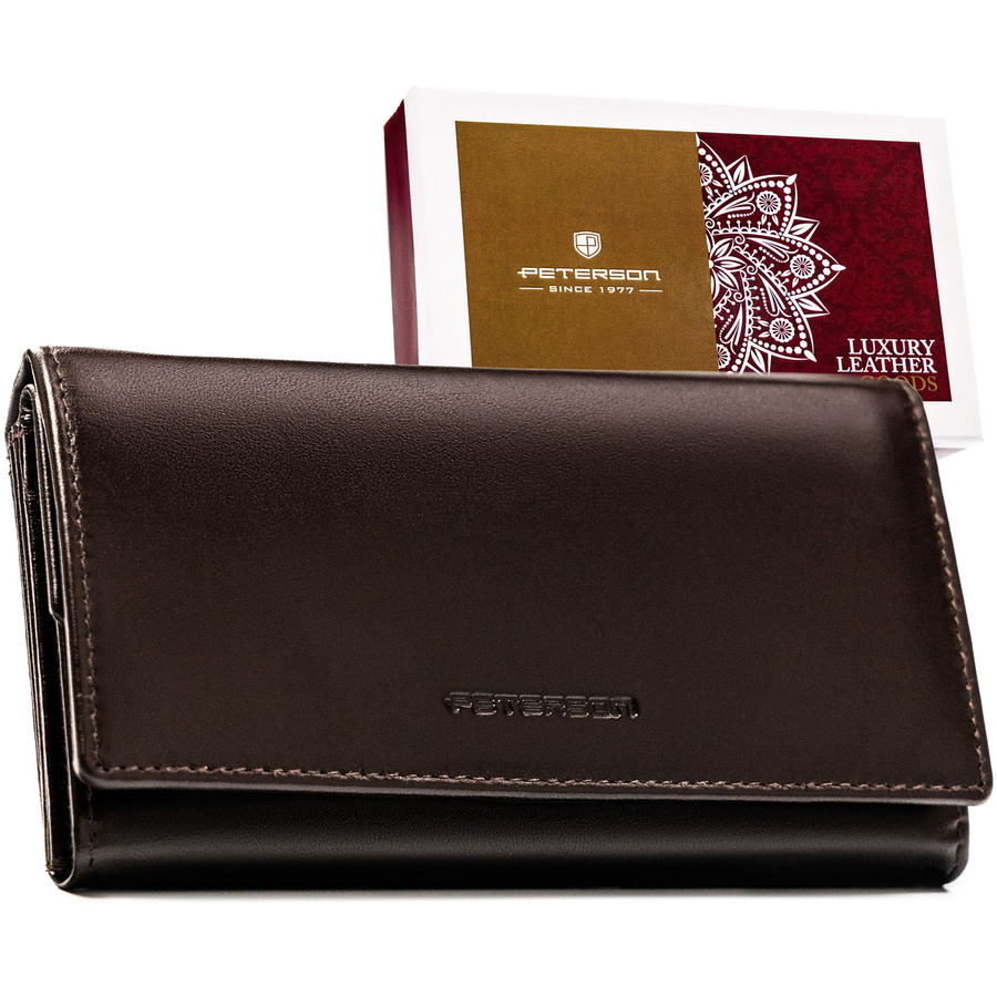 Duży, skórzany portfel damski w brązowym kolorze z systemem RFID - Peterson