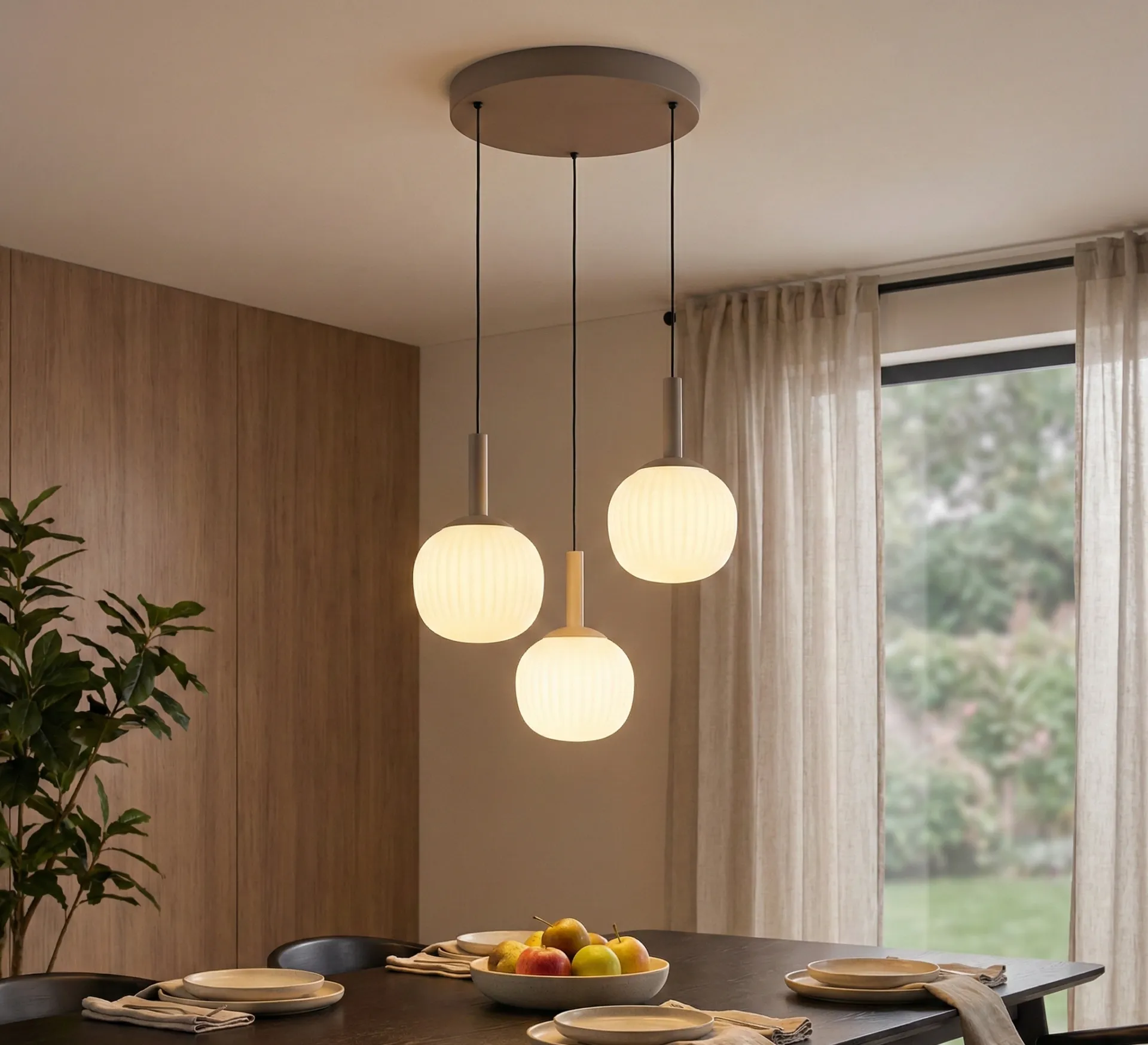 MONTES lampa wisząca białe ryflowane klosze LED 18W CCT wykończenie jasny brąz PND-02217-3-BRO