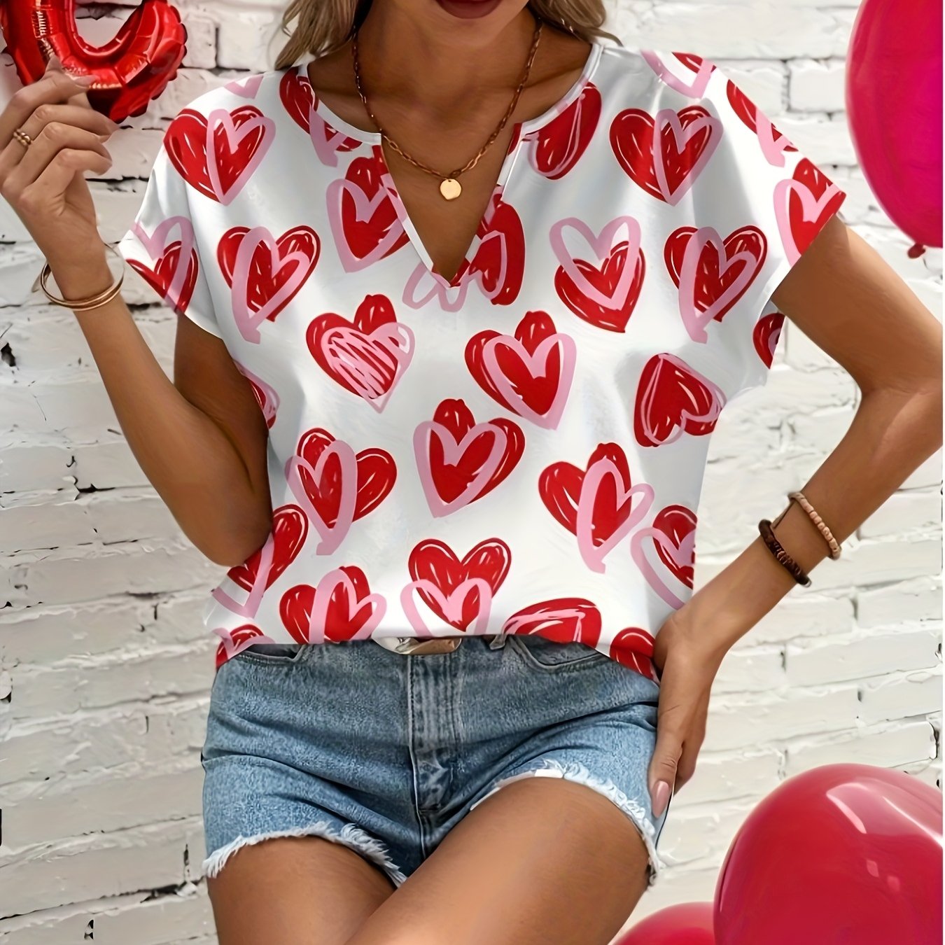 TEMU Damski Top z Nadrukiem , Dekolt w Serek, Luźny Krój, Modny Krótki Rękaw YY0327566