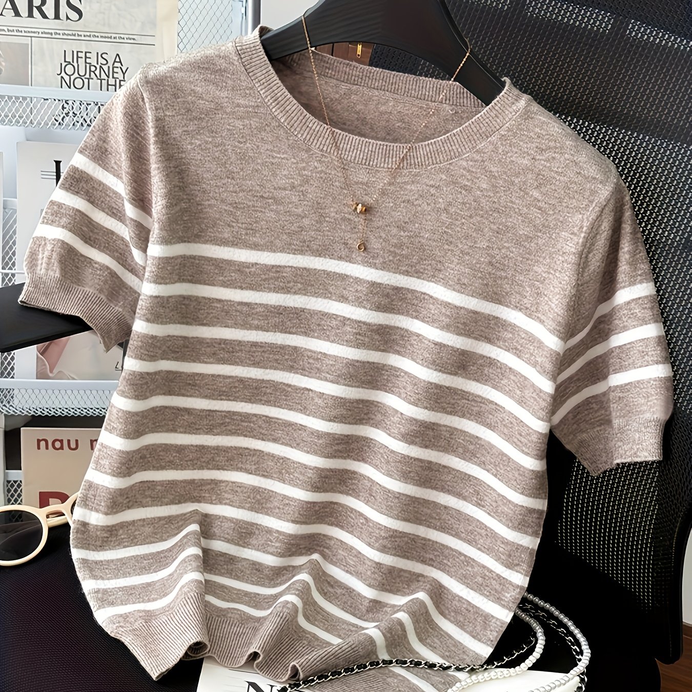 TEMU Elegancka damska bluzka w paski z krótkim rękawem Okrągły dekolt, blokowy design kolorów, oddychająca, wiosna/, uniwersalny sweter o