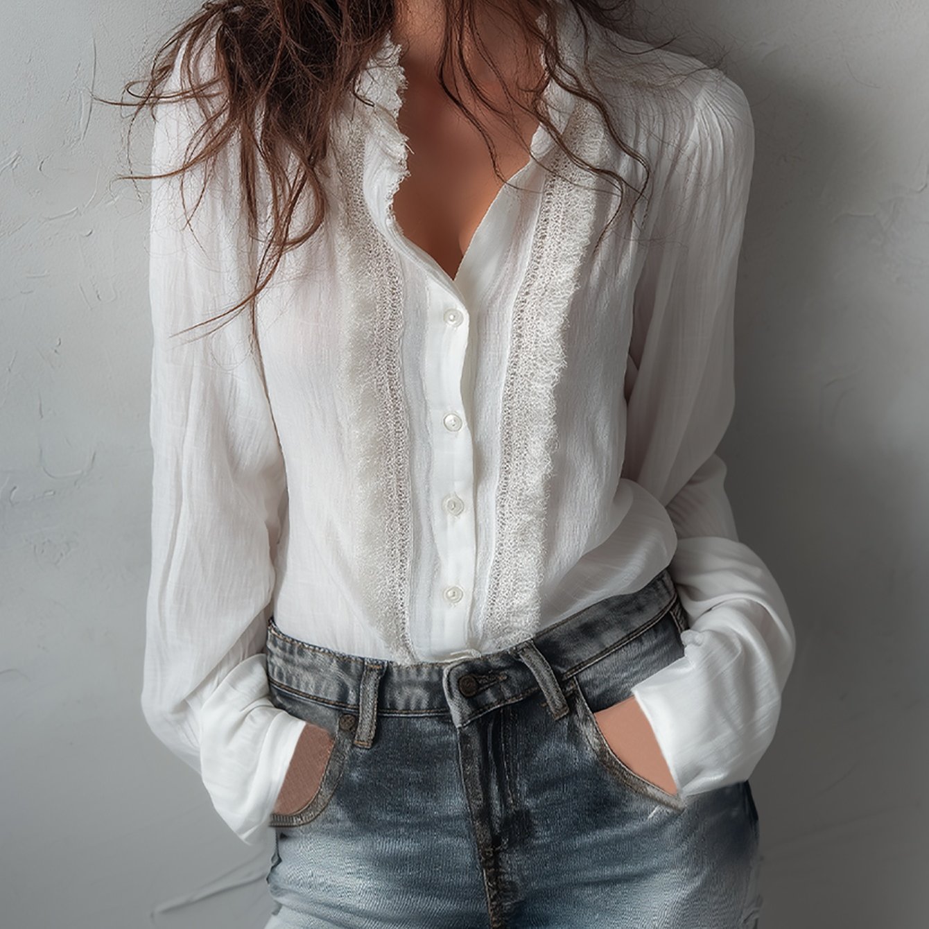 TEMU Koszula z długim rękawem w stylu vintage, ozdobiona koronką [HW915]