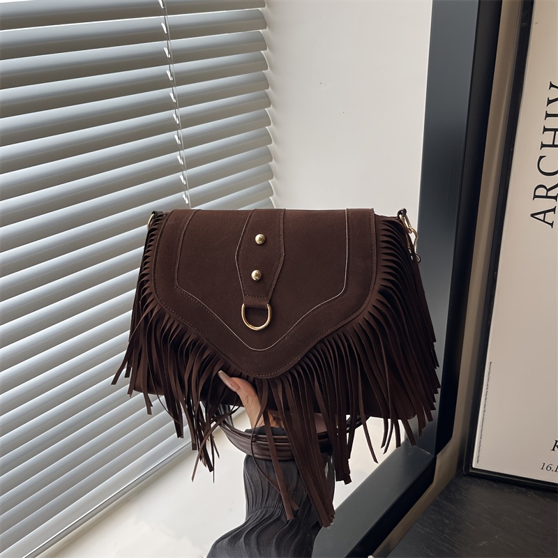 TEMU Torba na ramię z frędzlami z ekoskóry zamszowej w lamparcie cętki, Boho torba w stylu Y2K, Unikalna stylowa torba na ramię, Stylowa mała