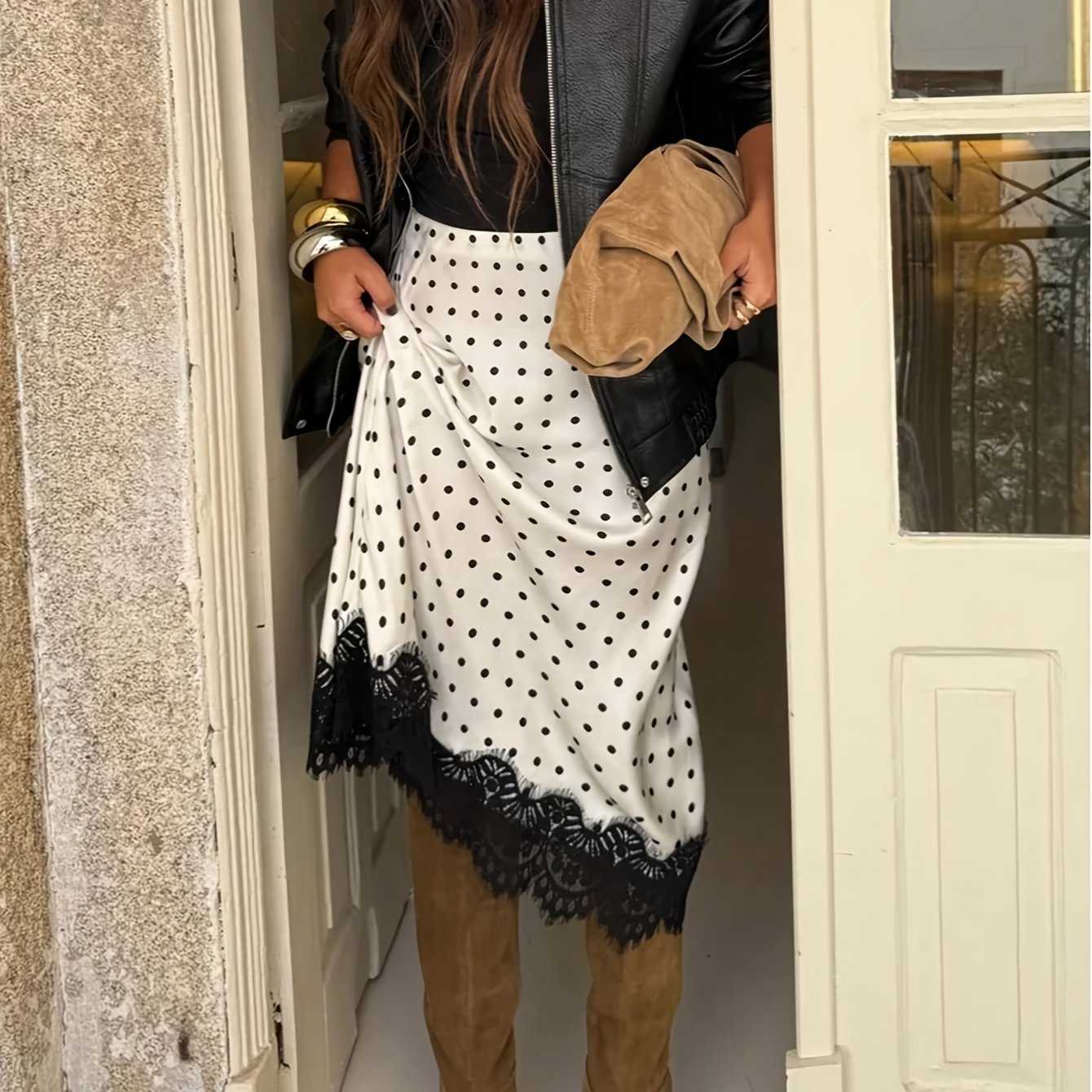 TEMU Odzież damska, spodnie damskie, spódnice damskie, elegancka spódnica w pół spódnicy w kropki patchwork z kontrastowymi kolorami i koronkowym