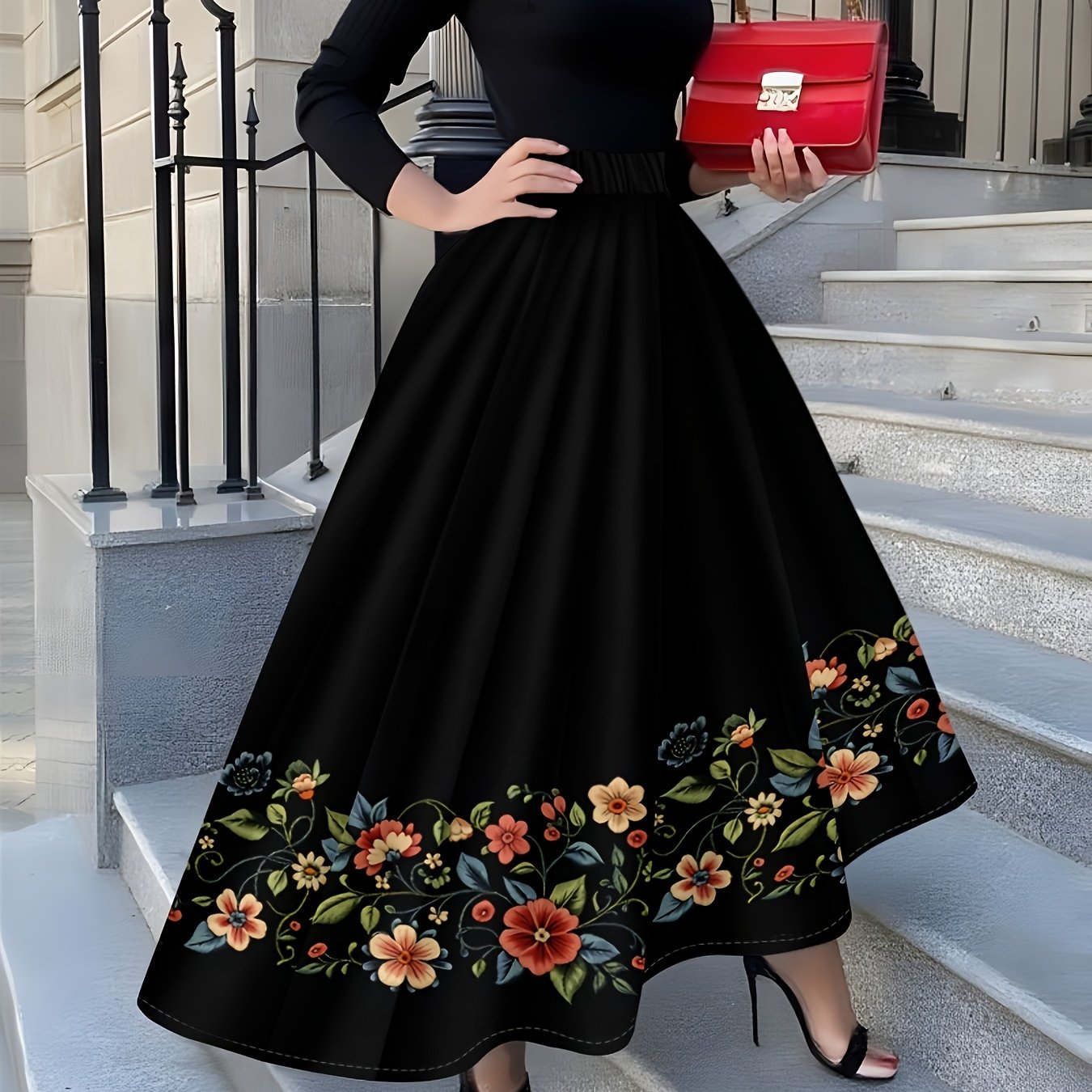 TEMU Spódnica na każdą porę roku z kolorowym kwiatowym wzorem Damska spódnica do połowy łydki w stylu wakacyjnym, z nadrukiem