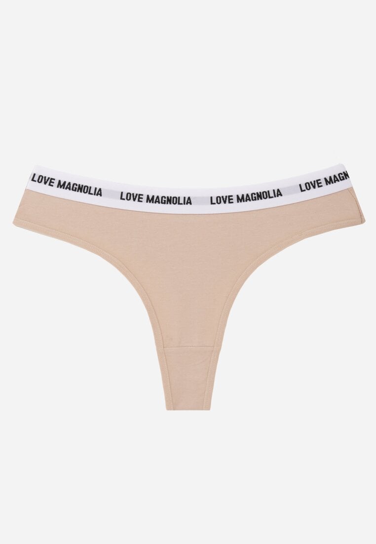 Beżowe Majtki Typu Stringi z Bawełną i Napisami Veza