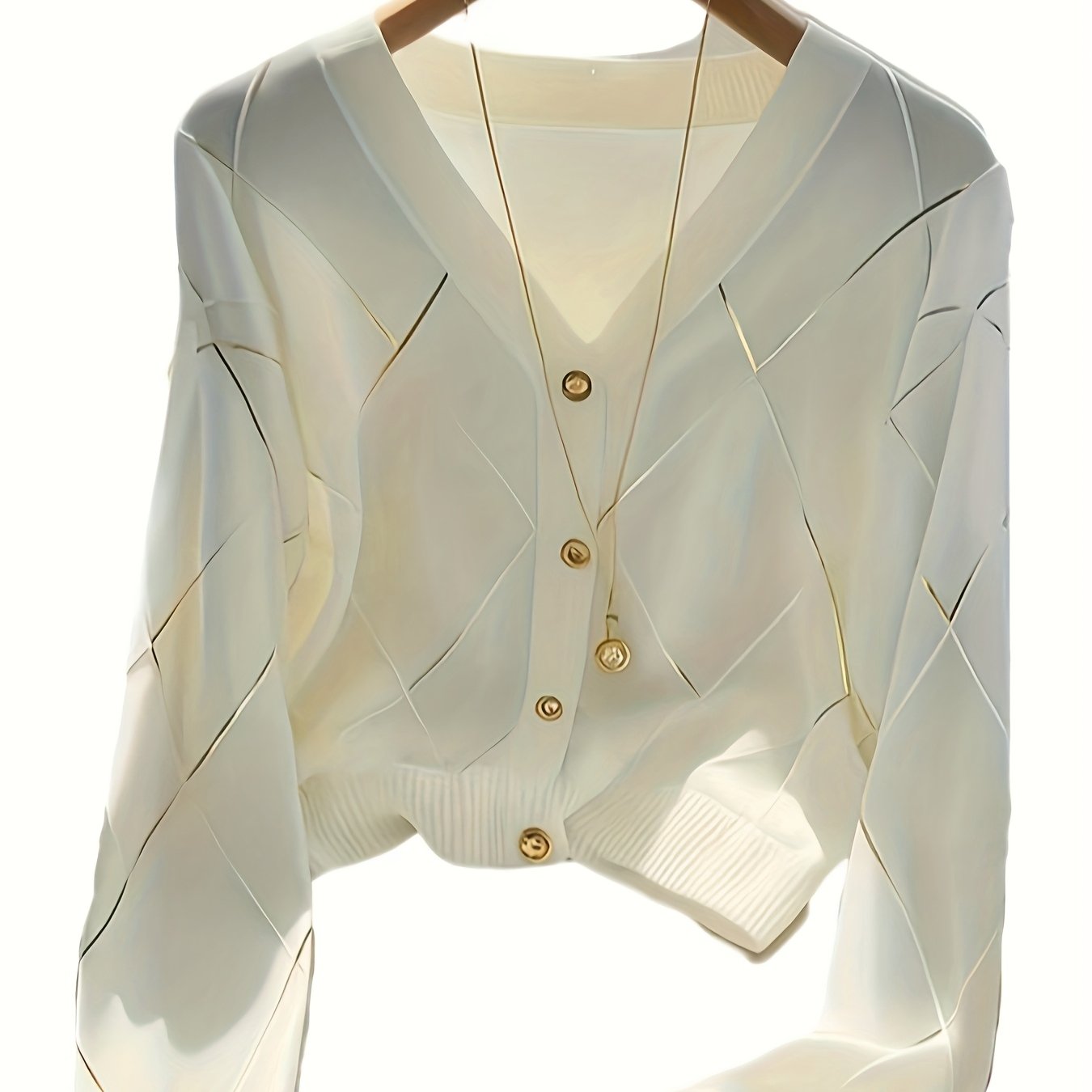 TEMU 2025 Nowy Biały Kardigan w Rombowe Wzory z Długim Rękawem do Pracy i Wypoczynku