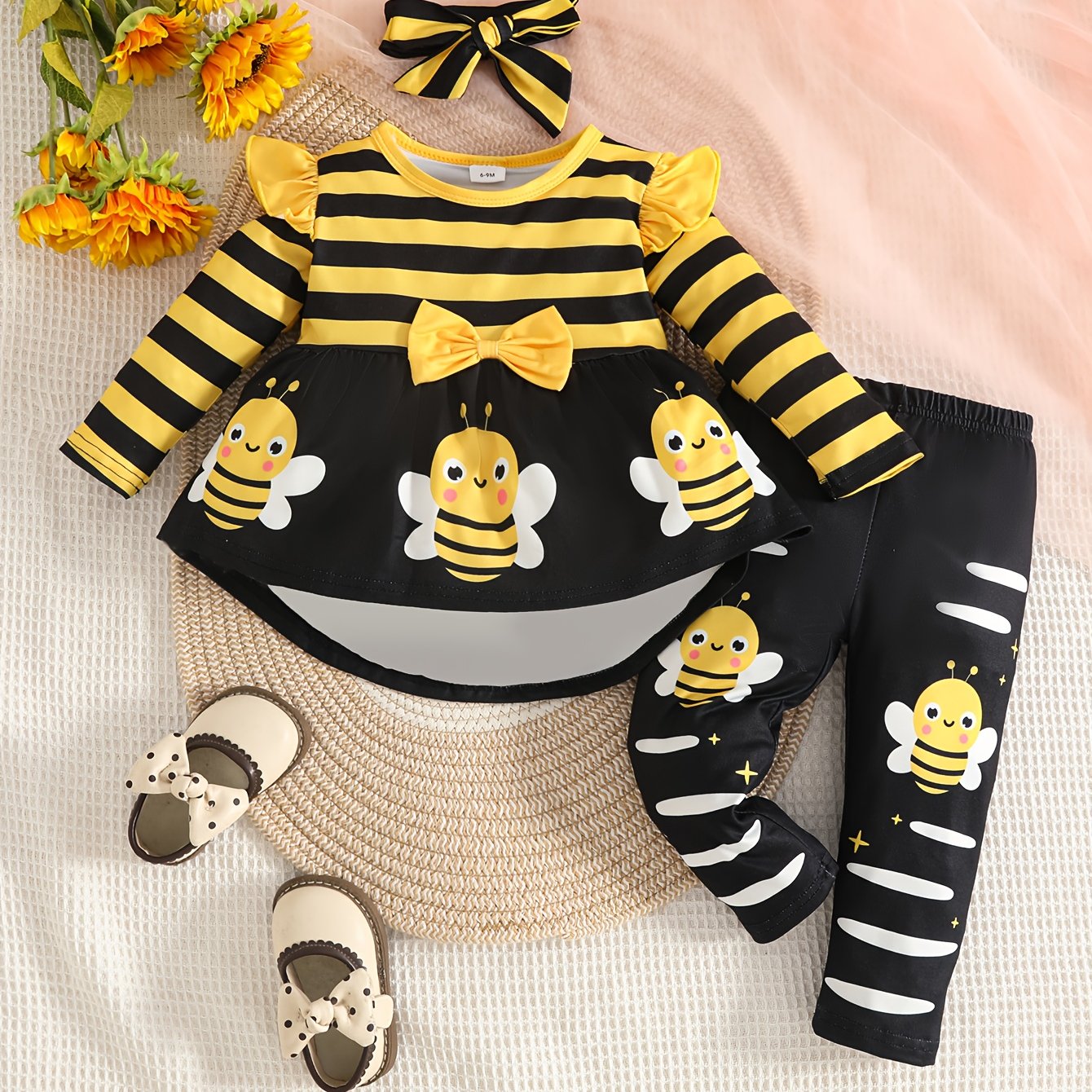 TEMU Zestaw 3 szt. Ubrania dla Dzieci - Sukienka z Długim Rękawem i Legginsy z Opaską, Uroczy Kostium Pszczółki, Pranie w Praniu Maszynowym, Idealne