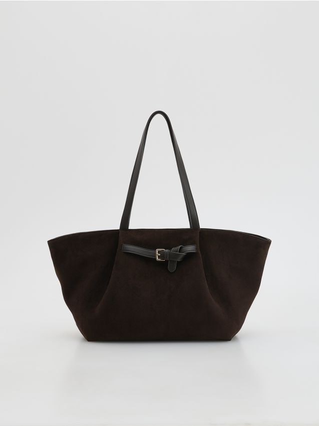 Reserved - Torebka shopper z imitacji zamszu - ciemnobrązowy