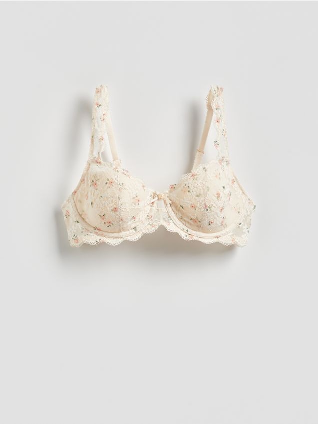 Reserved - Koronkowy biustonosz - złamana biel