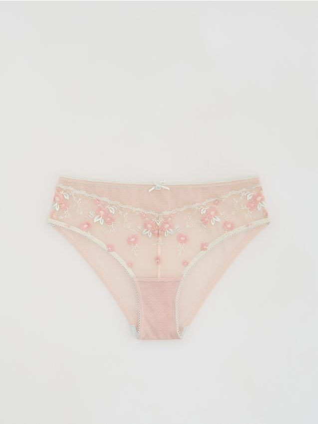 Reserved - Majtki figi z haftem - beżowy