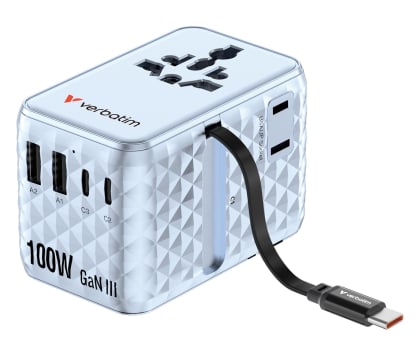 Verbatim Charge 'n' Travel 100W Adapter with retractable cable blue