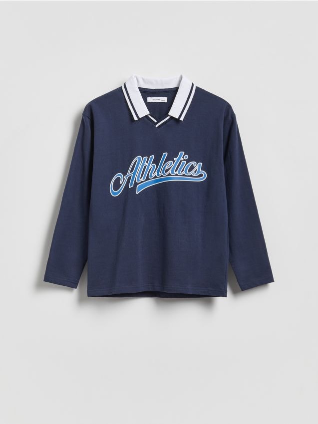 Reserved - Longsleeve z kontrastowym kołnierzykiem - granatowy