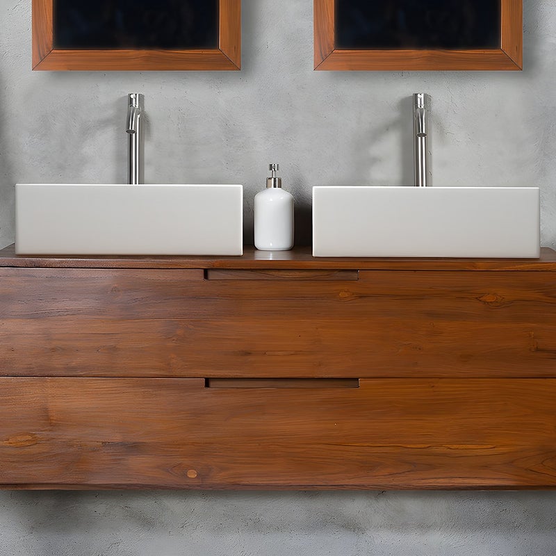 Szafka łazienkowa wisząca z ciemnego drewna tekowego z podwójną umywalką - 2 szuflady - 115 cm - BIMBING