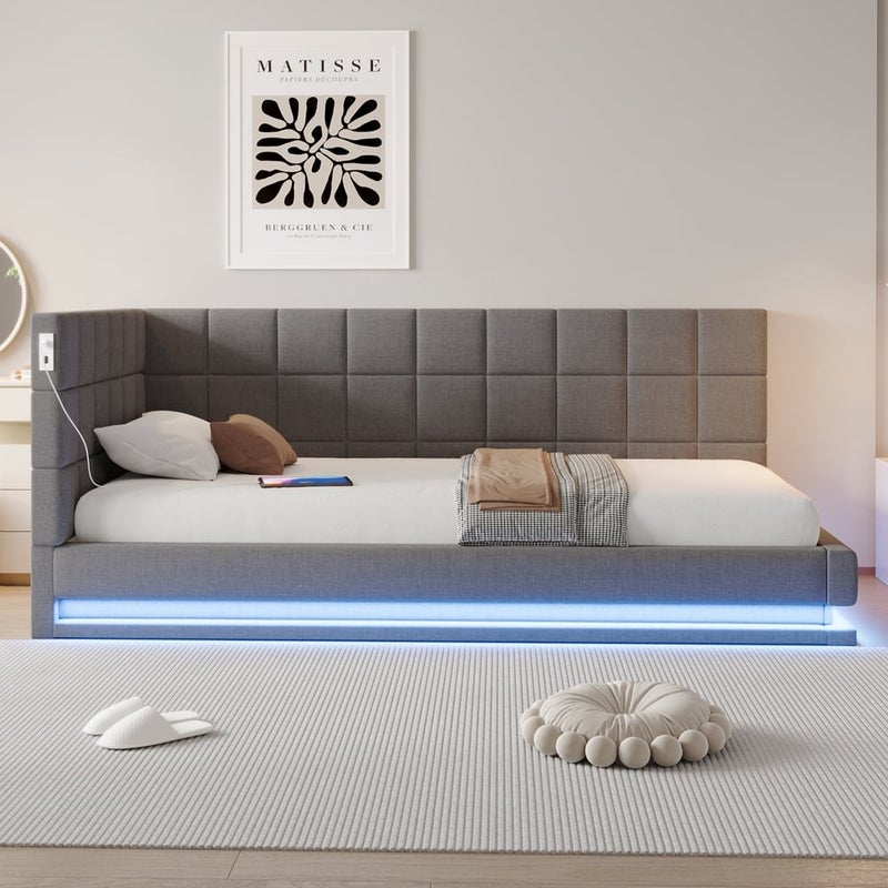 Sofa-łóżko 90*200 cm, z listwą LED, wtyczką USB i sprężynami, z szarego aksamitu.