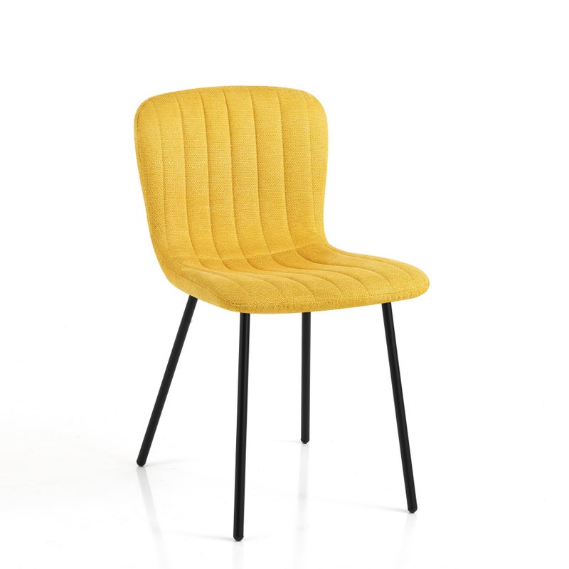 Zestaw 4 krzeseł COSY YELLOW – żółta tkanina, czarny metal, przytulna jadalnia