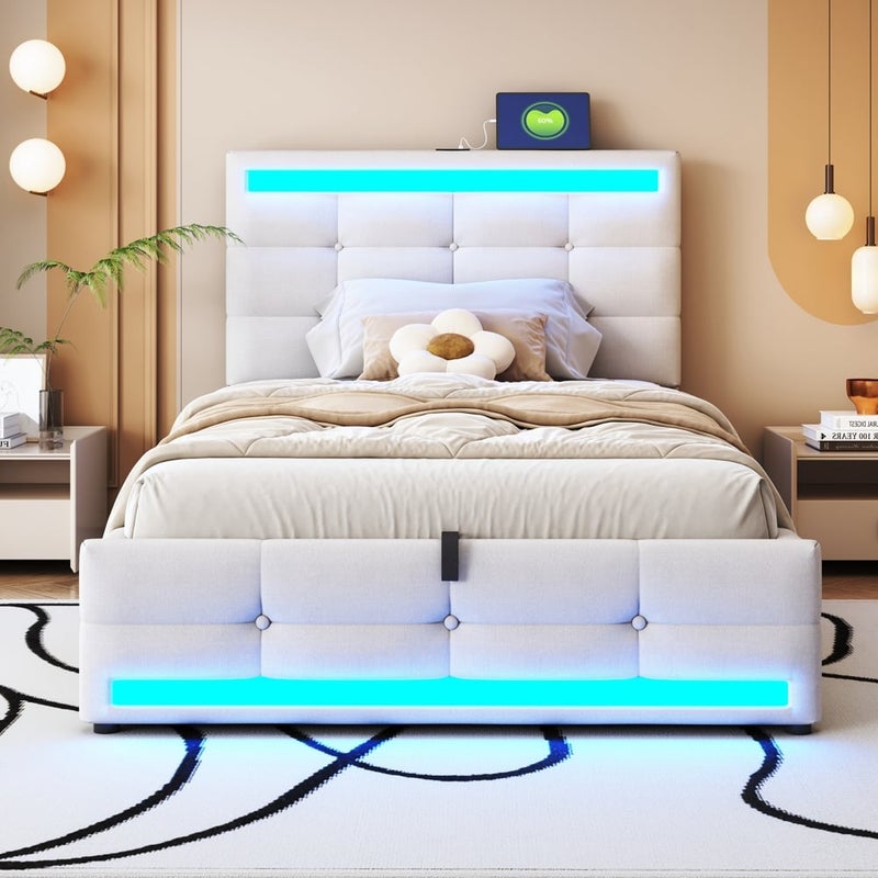 Łóżko skrzyniowe 90*200 cm, z portem USB i listwą LED zmieniającą kolor, beżowe, pościel