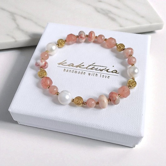 NUDE : cielista bransoletka : mix kamieni i perły : ROZMIAR M