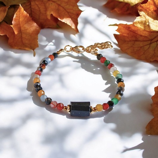 Czarny turmalin i agat jesienny : bransoletka z regulacją