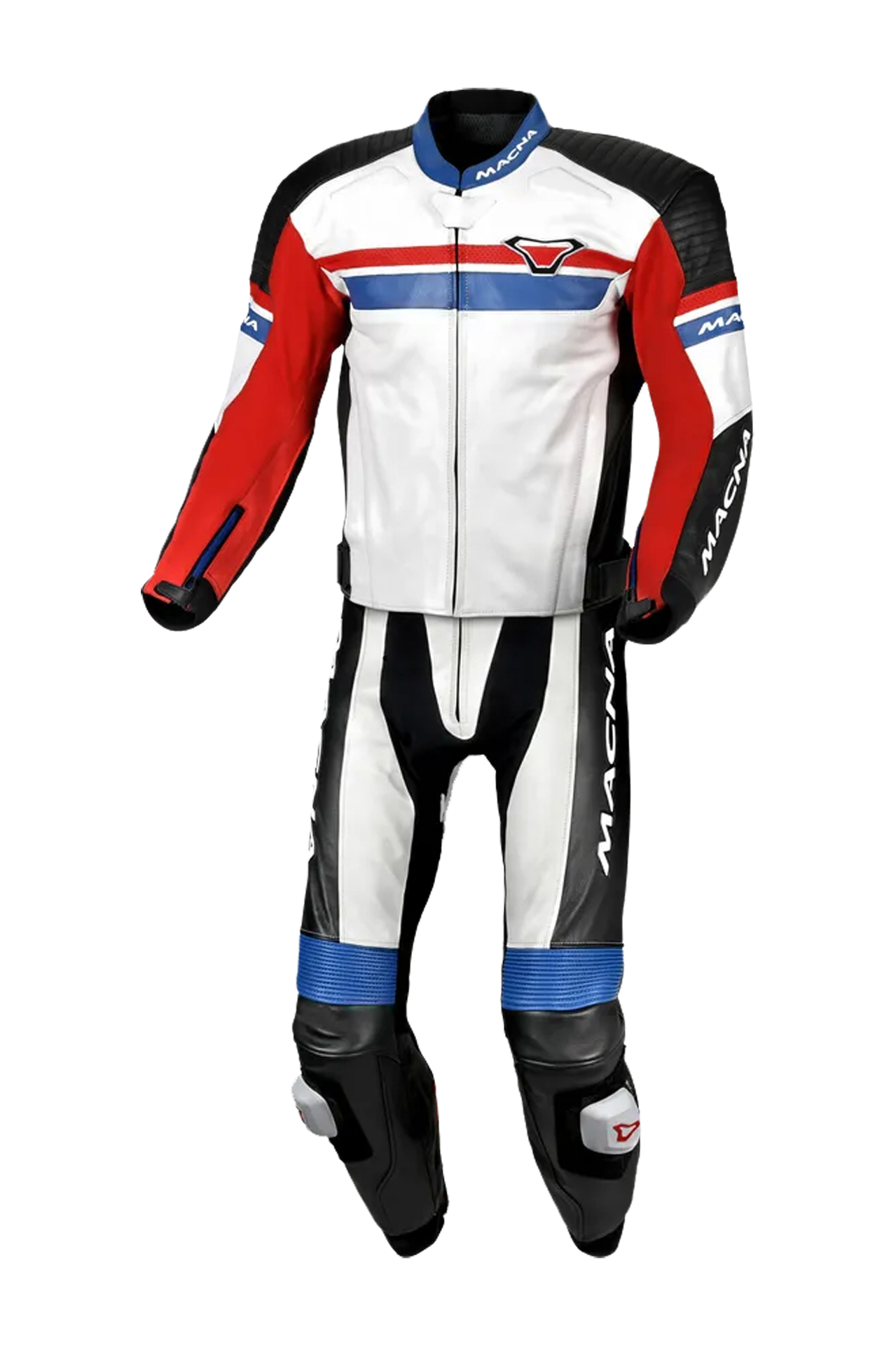 Kombinezon Motocyklowy Dwuczęściowy Macna Diabro Skórzany Złamany Biały/Czerwony/Niebieski58