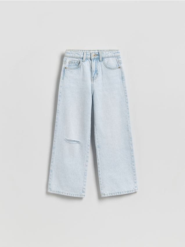 Reserved - Jeansy wide leg z przetarciem - niebieski