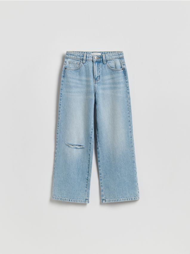 Reserved - Jeansy wide leg z przetarciem - niebieski