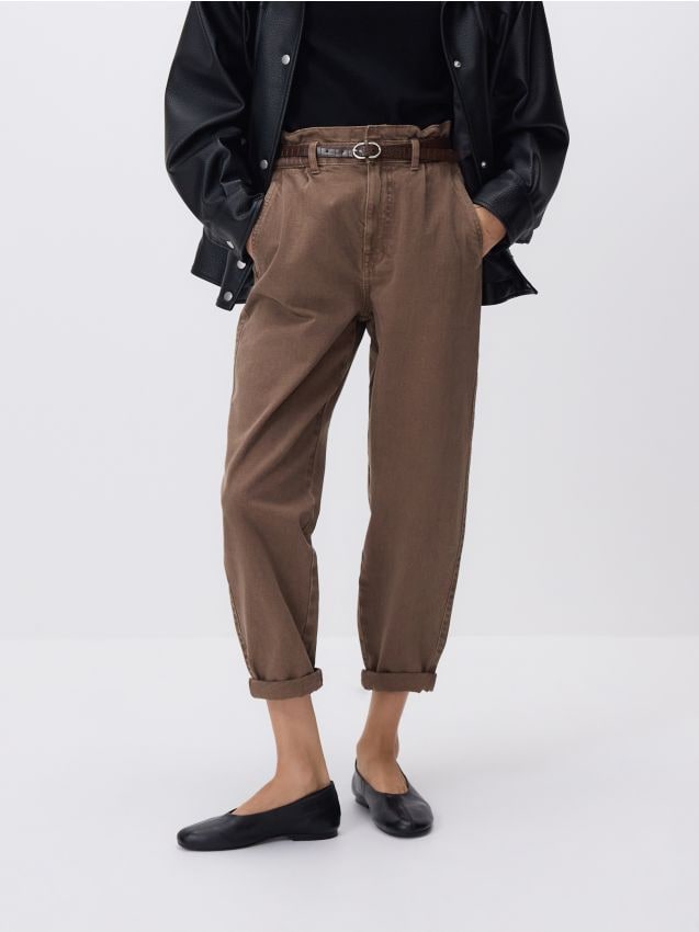 Reserved - Jeansy paperbag - brązowy