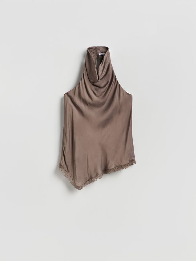 Reserved - Satynowy top z koronką - beżowy