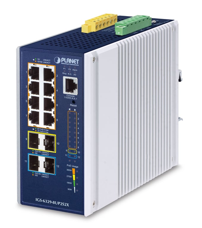 PLANET IP30 DIN-rail Industrial L3 Zarządzany Gigabit Ethernet (10/100/1000) Obsługa PoE Niebieski, Szary IGS-6329-8UP2S2X