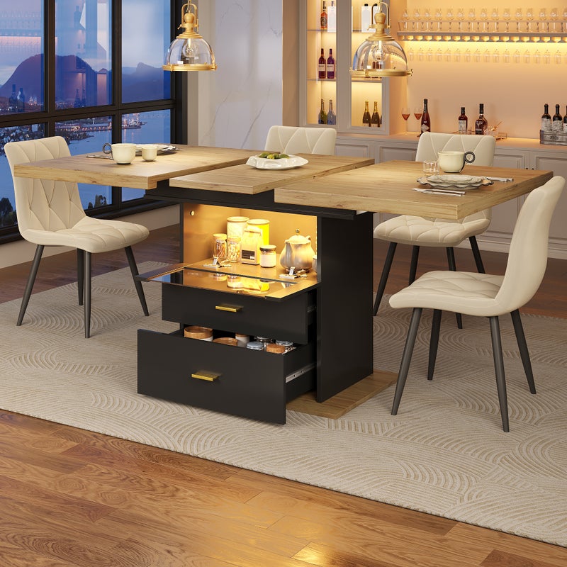 Rozkładany stół jadalny dla 4-6 osób z 2 szufladami - 110/140 x 80 x 75 cm - diody LED - MDF - czarny + naturalny