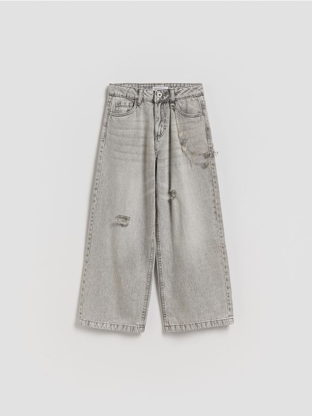 Reserved - Jeansy super wide leg z breloczkiem - jasnoszary