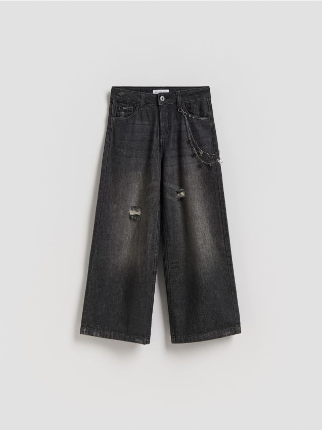 Reserved - Jeansy super wide leg z breloczkiem - czarny