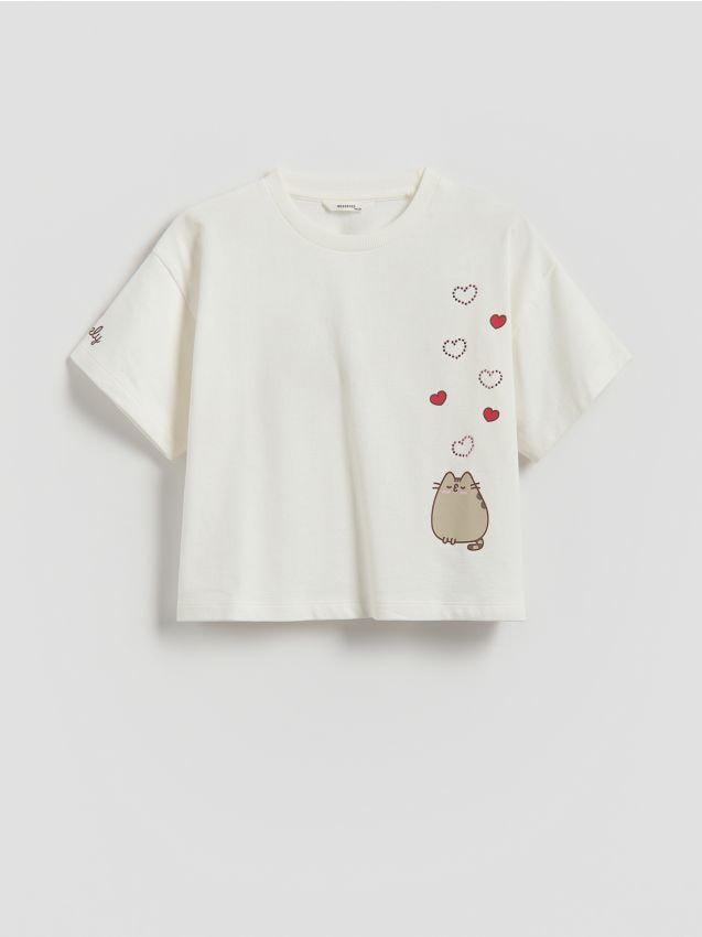 Reserved - Bawełniany t-shirt Pusheen - złamana biel