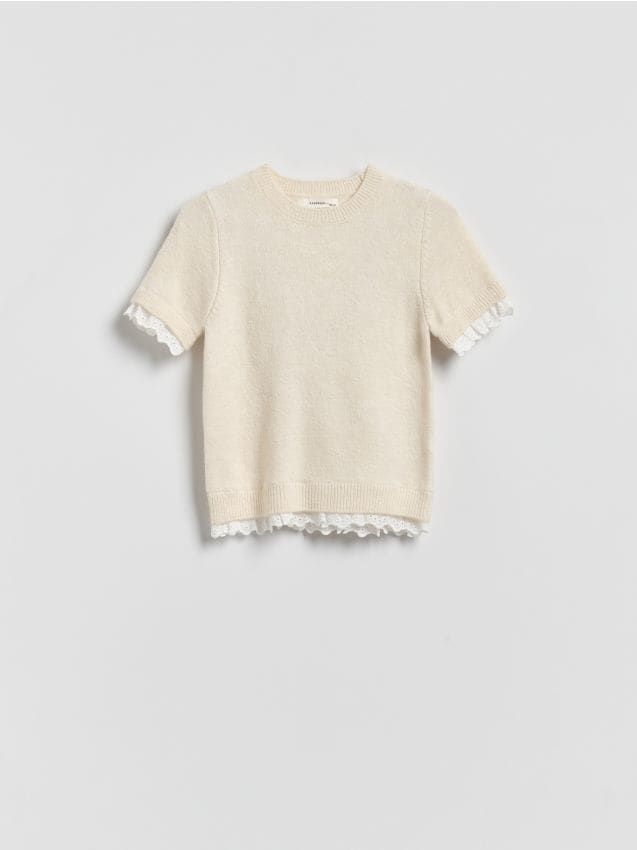 Reserved - Sweter z koronką - kremowy