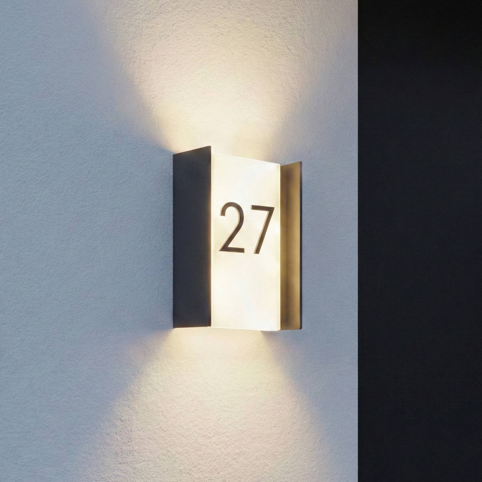 Lindby kinkiet zewnętrzny LED Selqa, numer domu, antracyt, IP65 Selqa, czarny, metal, nowoczesny