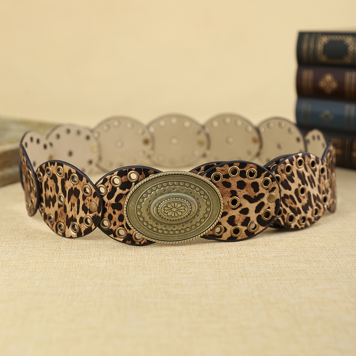 TEMU Damski Wintageowy Szeroki Pasek w Stylu Boho - Leopard Print z Klamrą, Akcesorium do Sukienek na Śluby, Imprezy, Codzienne Noszenie - Retro Styl