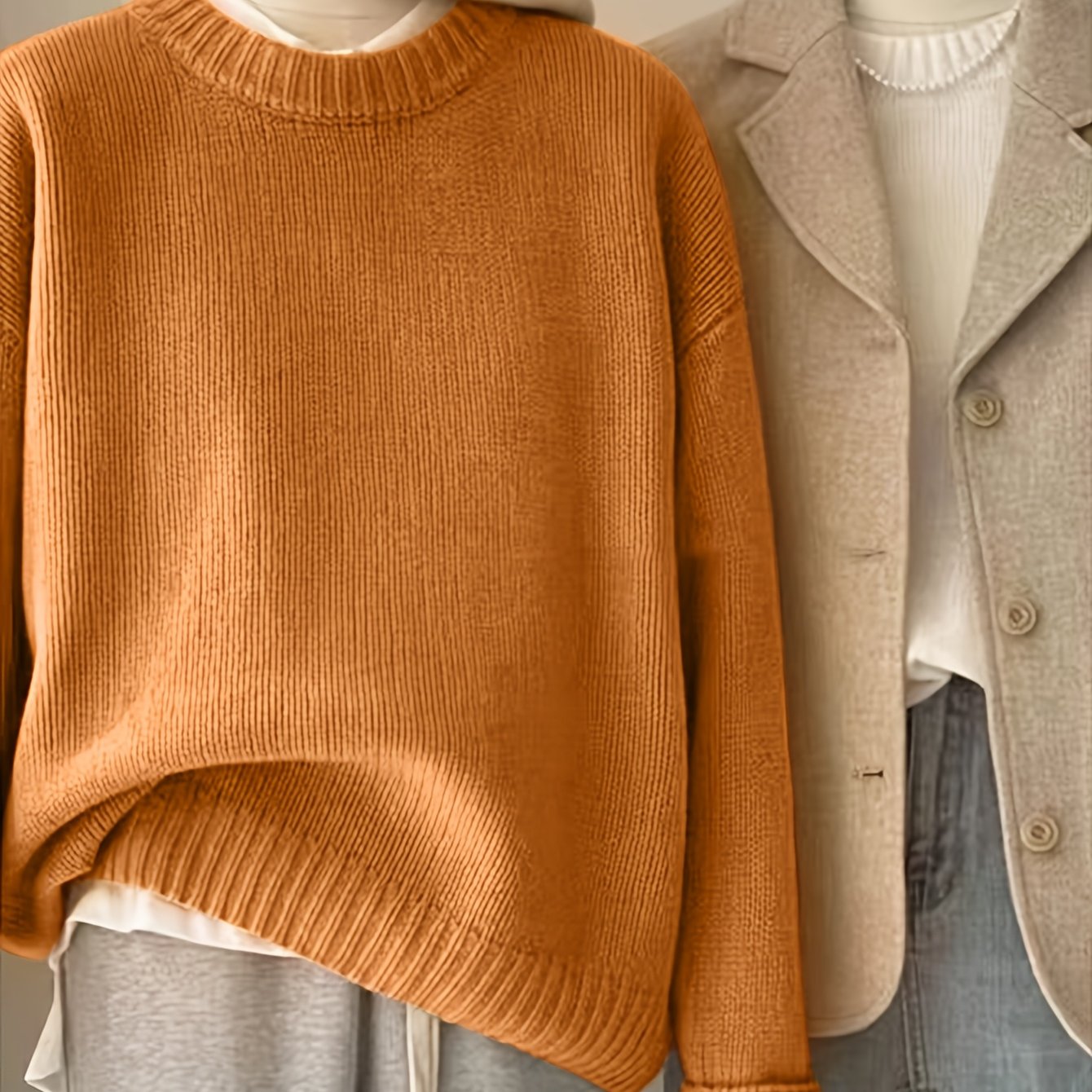 TEMU Uniwersalny Sweter z Okrągłym Dekoltem, Luźny Fason, Casualowa Moda Damska, Podstawowy Sweter w Wielu Kolorach