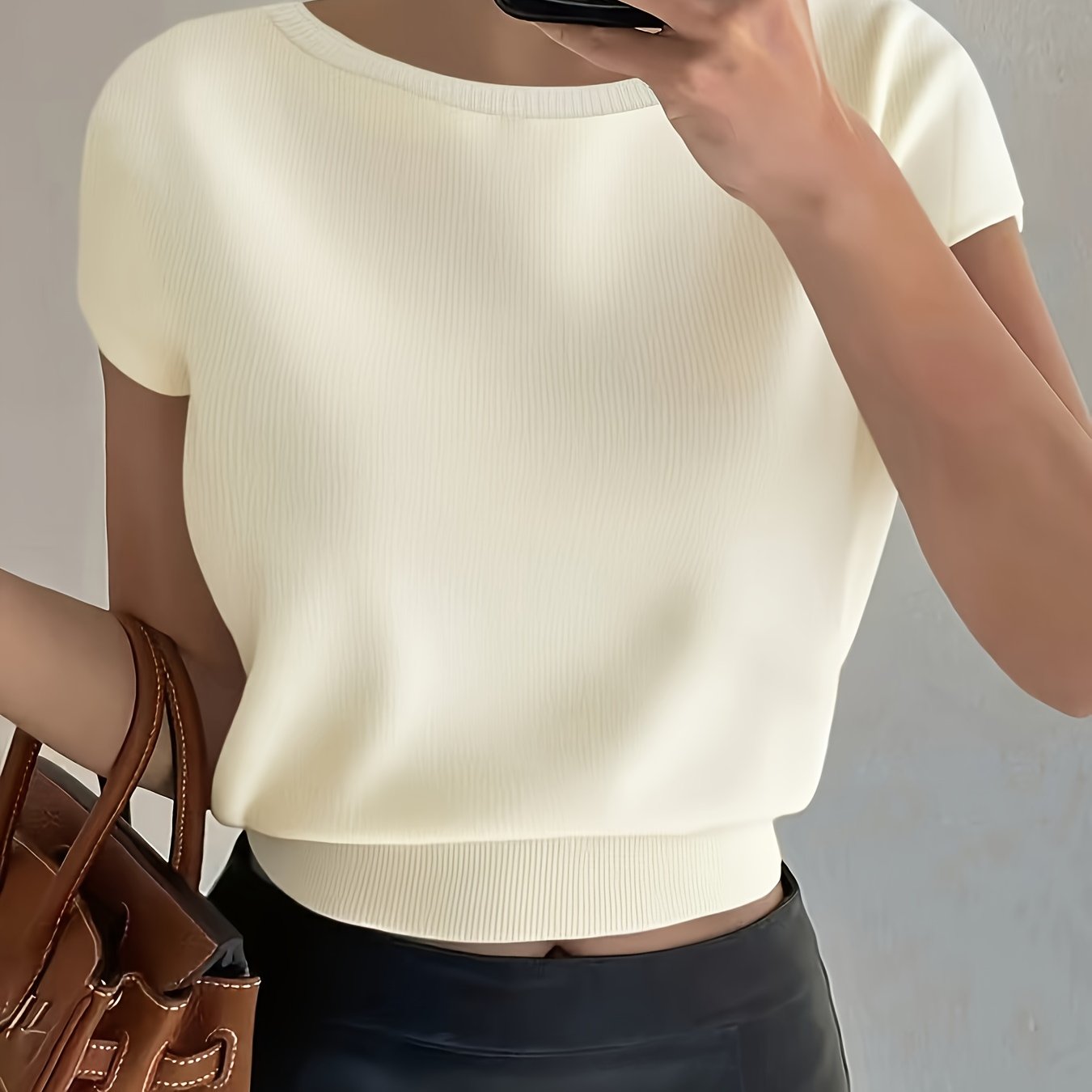 TEMU Elegancka bluzka damska z krótkim rękawem w jednolitym kolorze, z dopasowaną talią i rękawami raglan