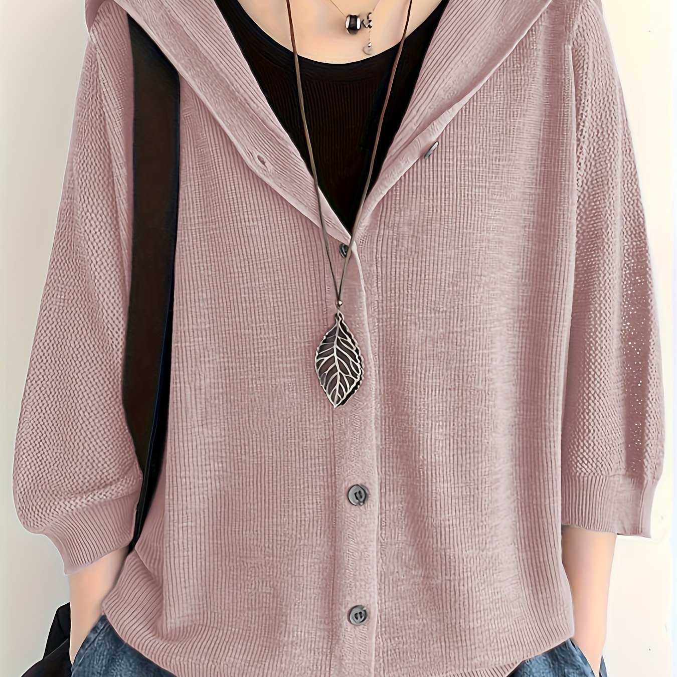 TEMU Nowy damski kardigan z delikatnej dzianiny, jednolity , luźny krój, z kapturem, lekki, z ażurowymi rękawami 3/4.