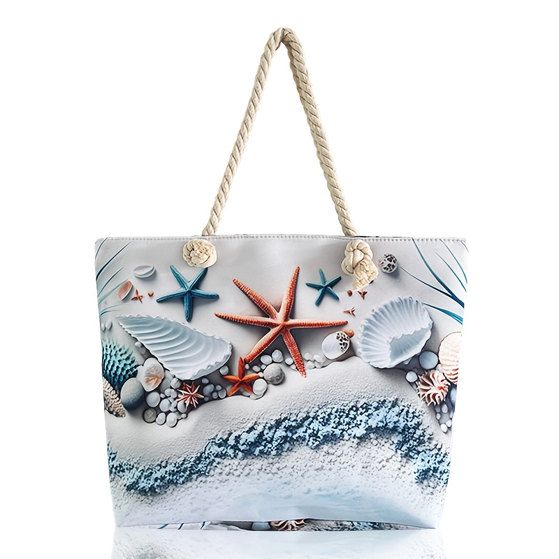 TEMU 3Ocean Elements Torba Plażowa z Nadrukiem Rozgwiazdy i Muszli, Duża Pojemność Torba z Juty na Ramię dla Kobiet - Idealna Torba na Wakacje
