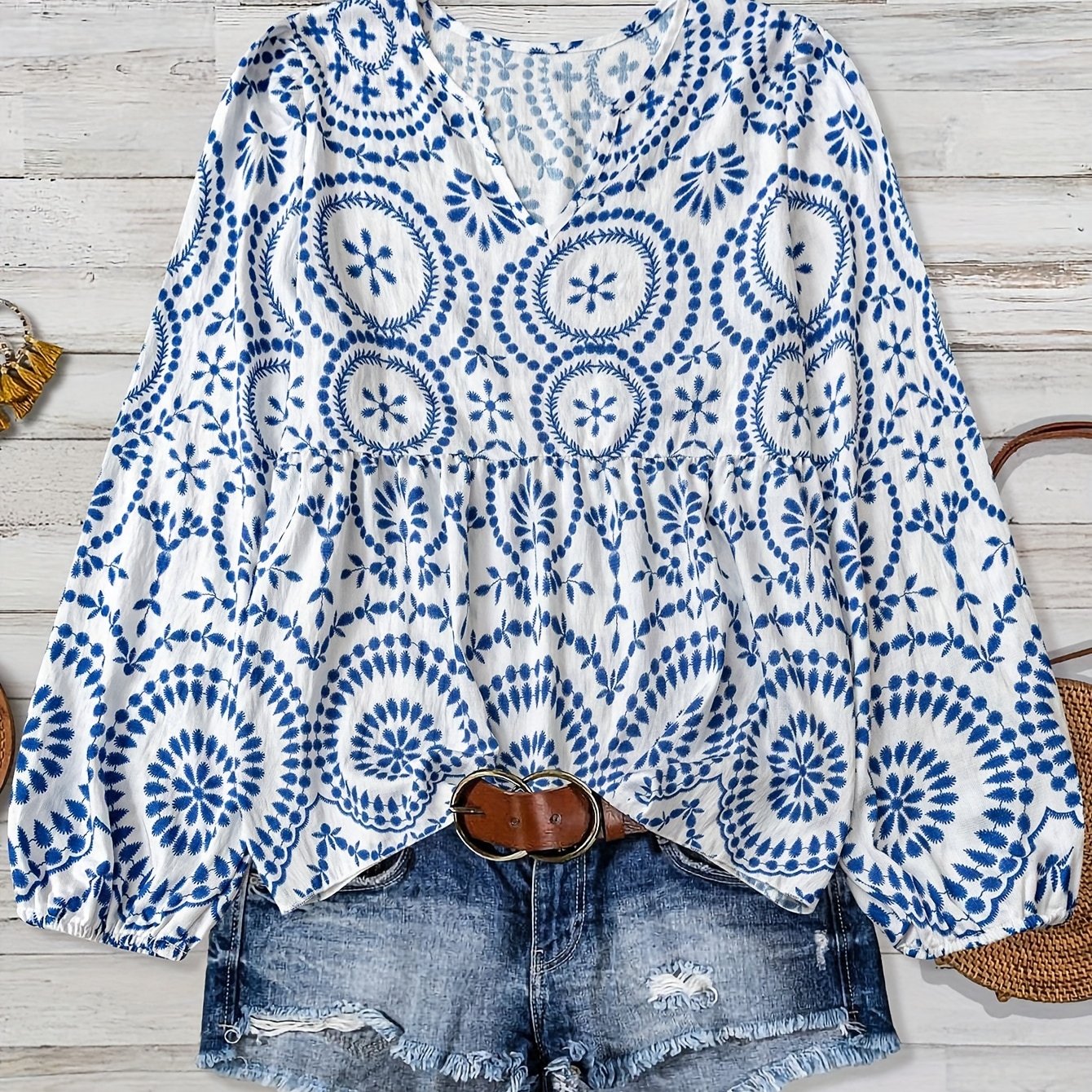 TEMU Damski Nowy Casual Wygodny Bambusowy Print Patchwork Długi Rękaw Koszulka Top