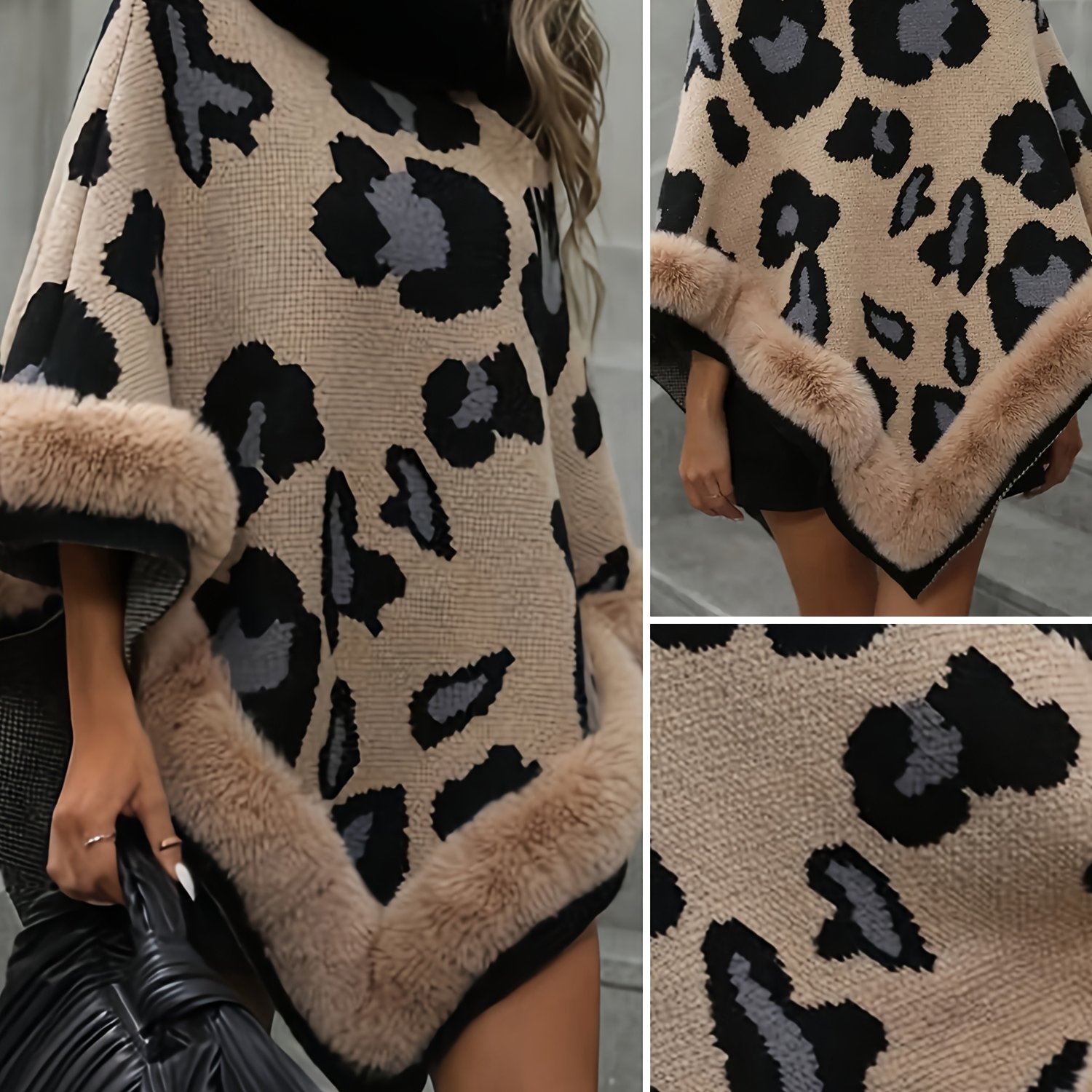 TEMU 1 szt. Elegancki damski kardigan z daszkiem w panterkę Sztuczny królik, nakładka na płaszcz, gruby, ciepły, puszysty, 70% + 30% akryl, modny