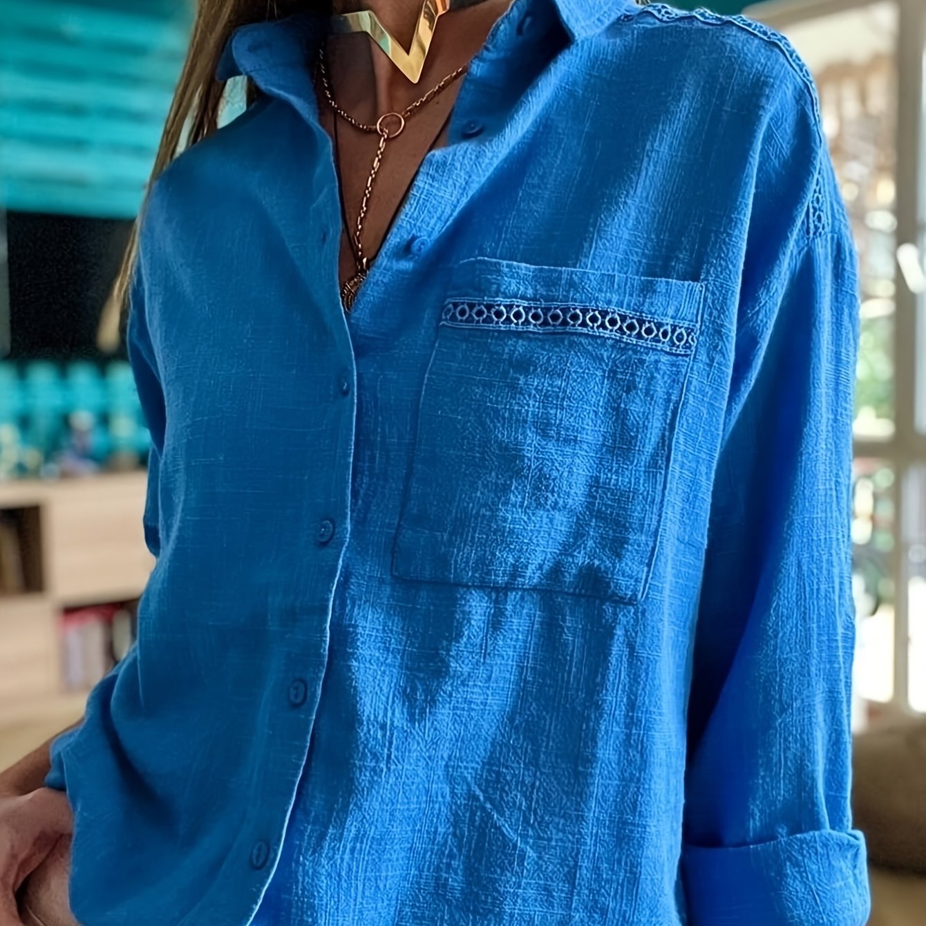 TEMU Elegancka bluzka damska z długim rękawem - nieprześwitująca koszula z zapinaniem na guziki, luźna tunika na co dzień i na specjalne okazje -