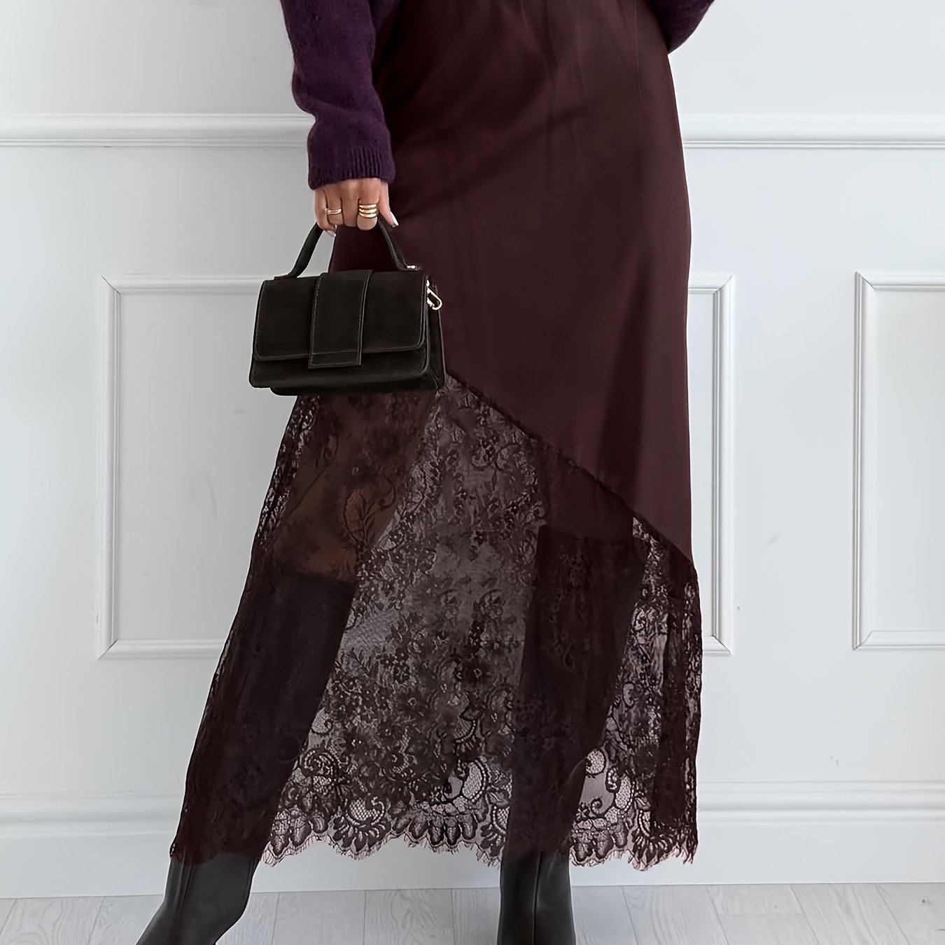 TEMU Sukienka Damska Gotycka z Koronką, Półprzezroczysta, Patchworkowa, Wysoka - Długa Sukienka z Luźnym Krojem, Elegancka Sukienka z Przezroczystymi