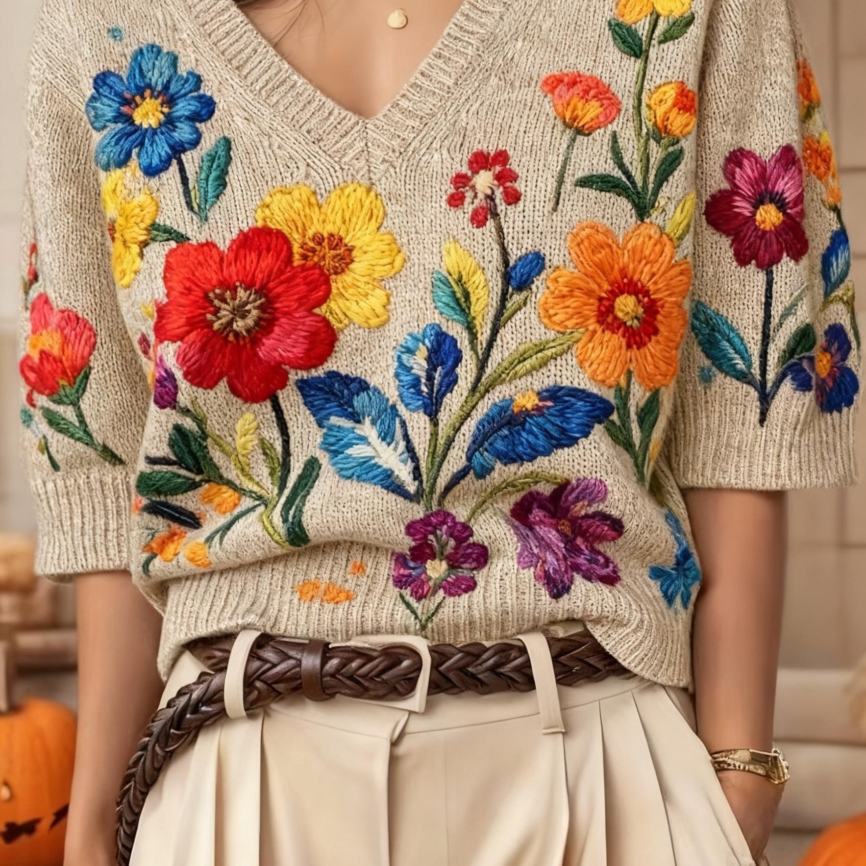 TEMU Elegancki sweter z kwiatowym nadrukiem i dekoltem w serek Oddychający, łatwy w pielęgnacji materiał, możliwość prania w pralce, stylowy top z